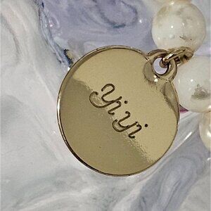 Faux Pearl Beaded Bracelet With Gold "Yiyi" Charm - 7 Inches Stretch Fits Most